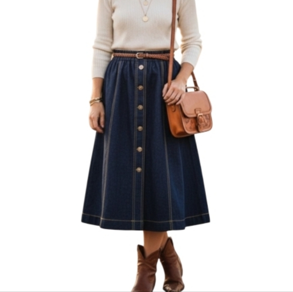Vintage Graff Californiawear Blue Faux Denim A-Line Midi Skirt